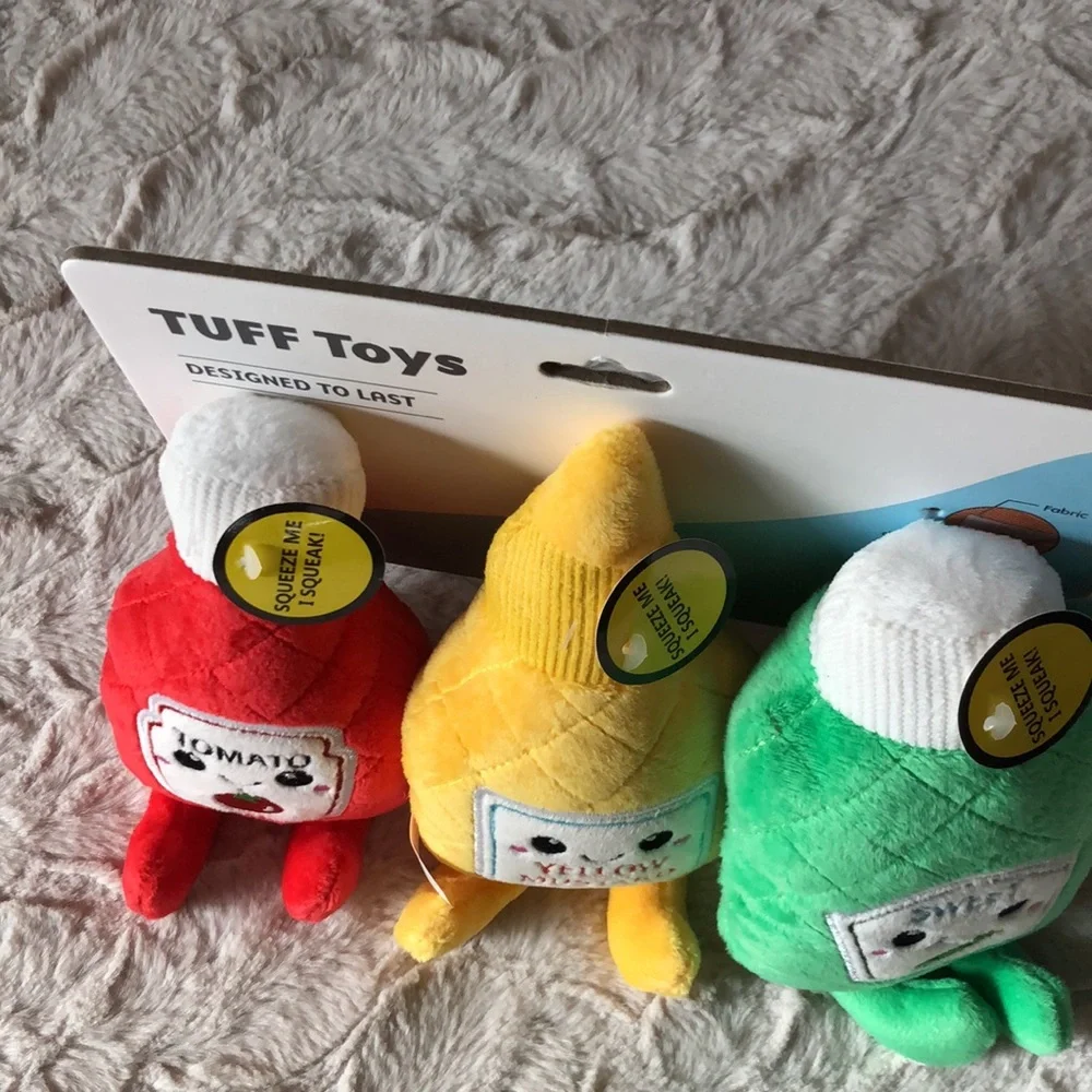 Plush Condiment Trio DOG TOYS - Red Tomato, Yellow Mustard, Green Relish
